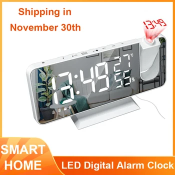 

LED Digital Alarm Clock FM Radio Projection With Temperature And Humidity Mirror Clock Multifunction Bedside Time Display Radio