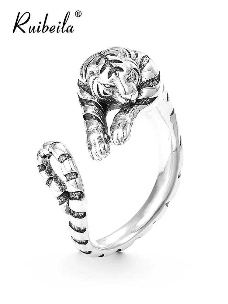 Ruibeila Tiger Annee Tigre Bague Ouverte Hommes Et Femmes En Argent Sterling Personnalité Rtro Zodiaque Anneau De Queue