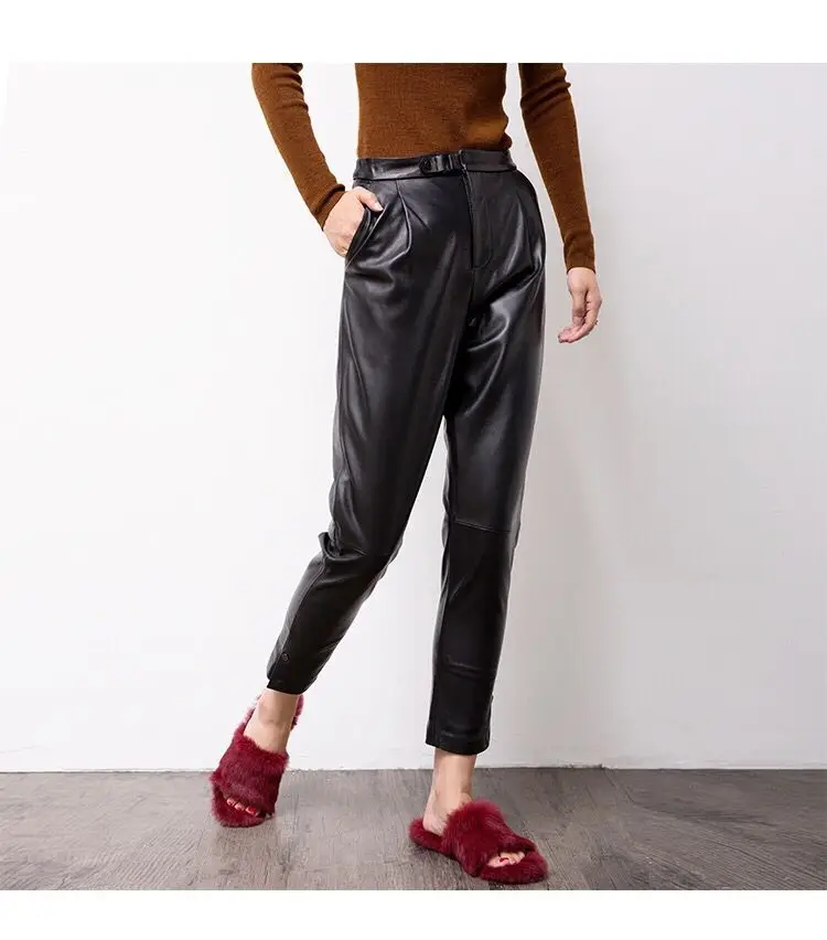 Women pants genuine sheep leather pants High waist black harem pants Elastic belt waist Trousers new fashion