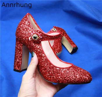 

Crystal Flower Buckle Belt Mary Janes High Hoof Heel Round Toes Sexy Red Bling Sequined Cloth High Heel Pumps Women