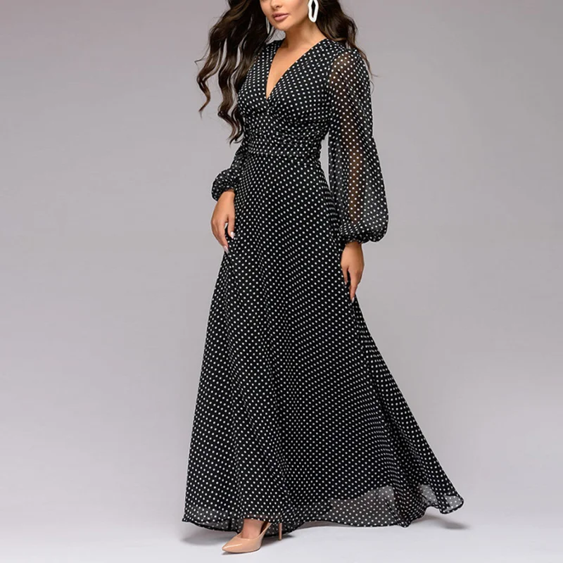 Bohemian Women Dresses Spring Maxi Vintage V-neck Party Dress Office Lady Polka Dot Vestidos Chiffon Elegant New Boho Long Dress