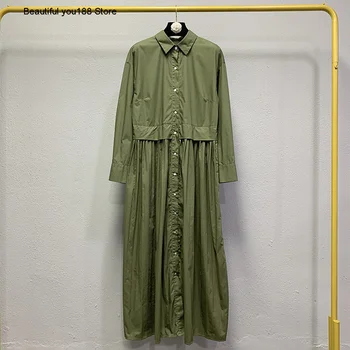 

small 2020 Autumn new long-sleeved pleated shirt dress light ripe style green long dress