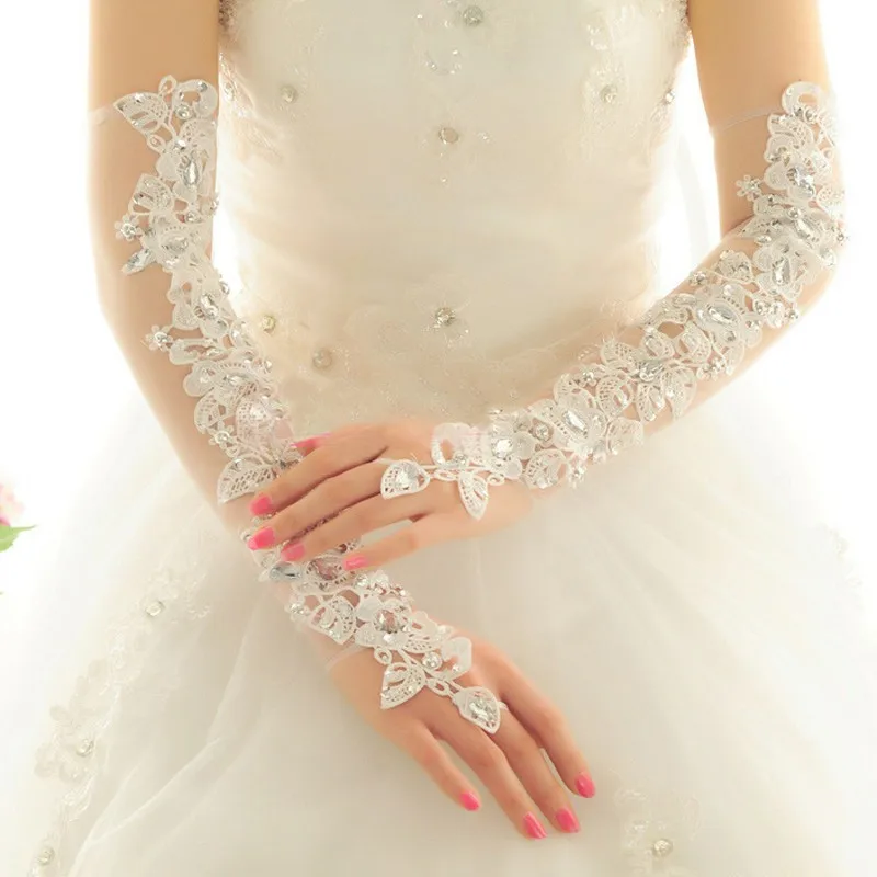 Guantes de Novia длинные опера Свадебные перчатки для невесты без пальцев Кристалл цвет слоновая кость свадебное кружевное перчатки свадебные аксессуары 209