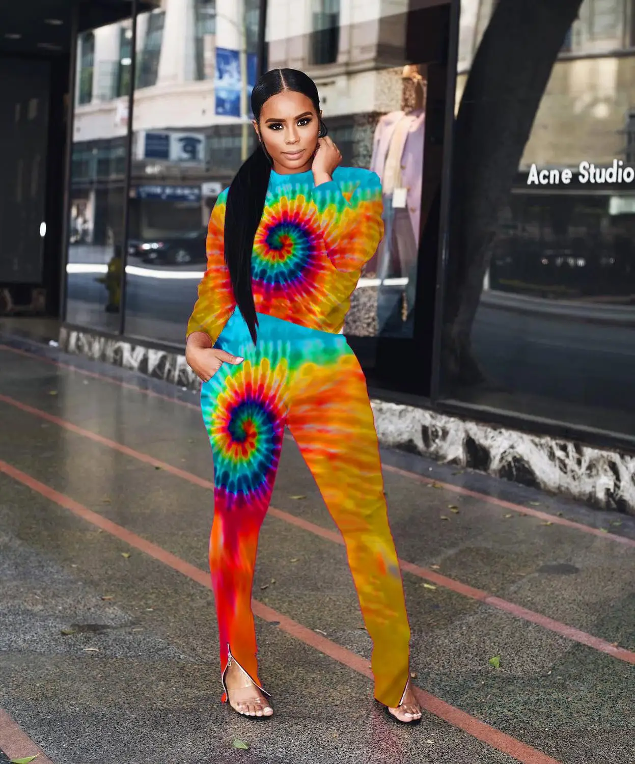 

Tie dye print autumn 2 piece set women full sleeve top and full length pants casual two piece set outfit MD5049