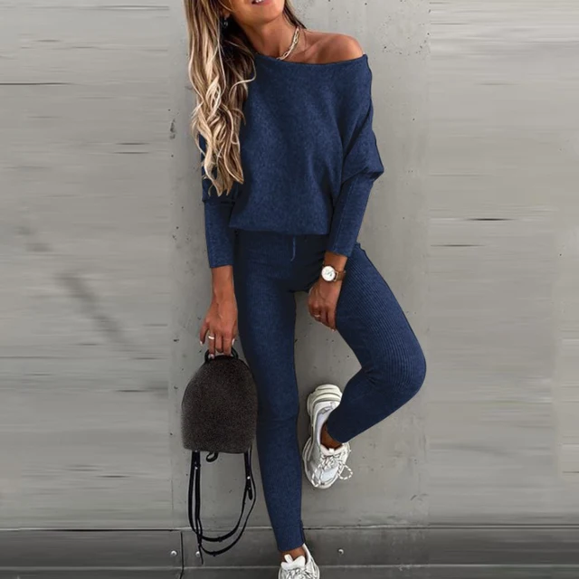 Tracksuit 2 Piece Set Autumn Winter Pullover Top Long Pants Sports Suit Female Sweatshirt Sportswear Suit For Woman Dark Blue