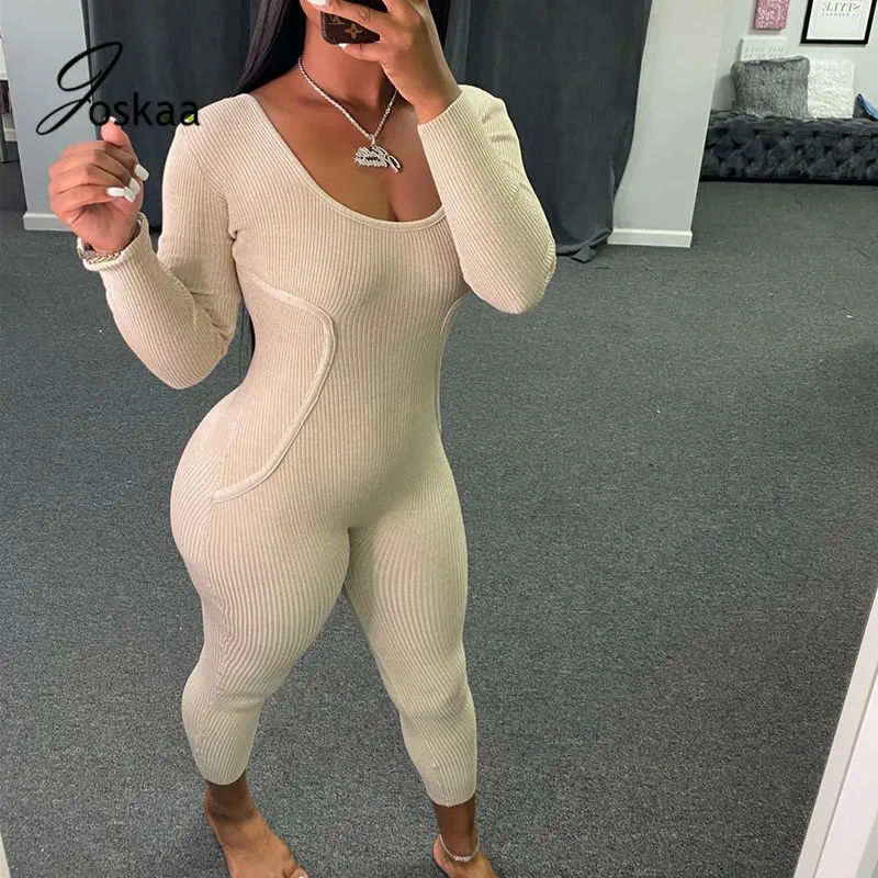 

Joskaa off-Shoulder Slim-Fit Backless Ribbed Pattern bodycon overalls Nightclub Sexy casual sports women's Jumpsuit