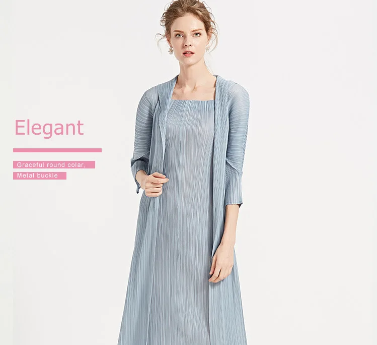 HOT SELLING Miyake High-end fashion puff three quarter solid turn-downcollar Button Fake two pieces dress IN STOCK