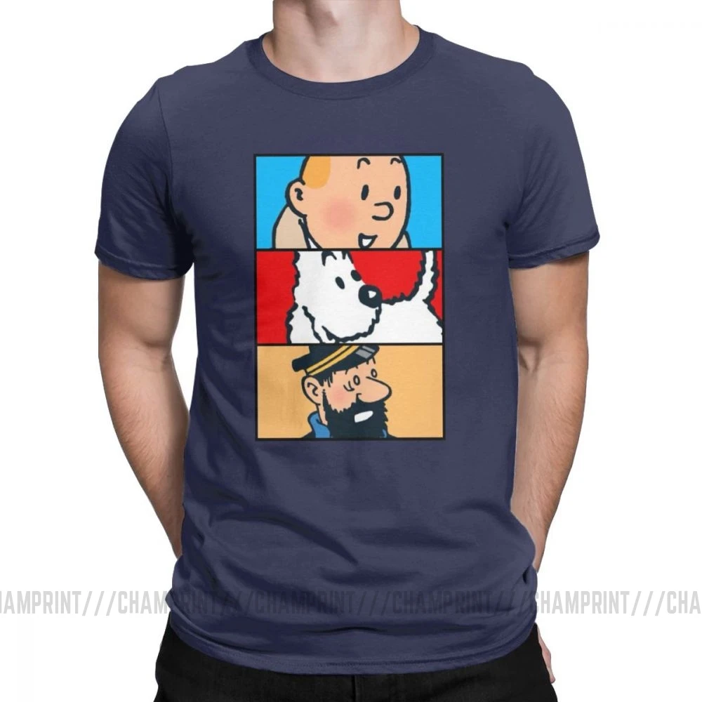 Футболка Tintin Milou Haddock The adventures Of Tintin для мужчин, хлопковая футболка с короткими рукавами, одежда 4XL 5XL 6XL - Цвет: Тёмно-синий