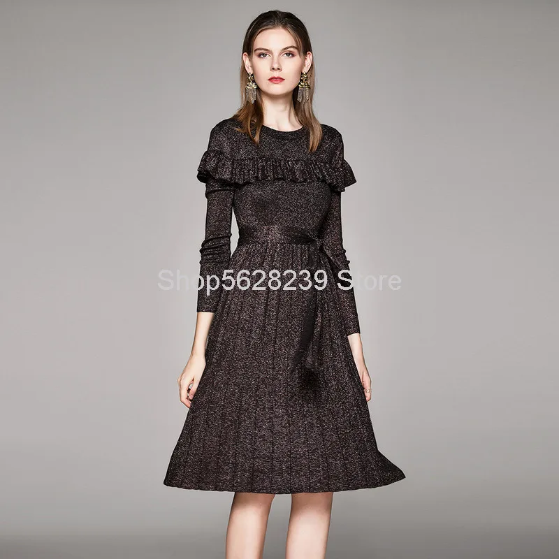

Gold Wire Knitting 2020 Pack Medium Length Umbrella Skirt Pleated Lotus Leaf Backing Slim Fit Solid Color Dress