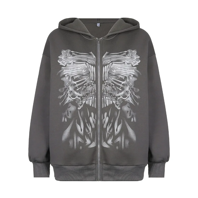 Women´s Y2K Print Oversized Sweatshirt Zip Up Hoodies Coat Long Sleeve Streetwear BF Style Jacket