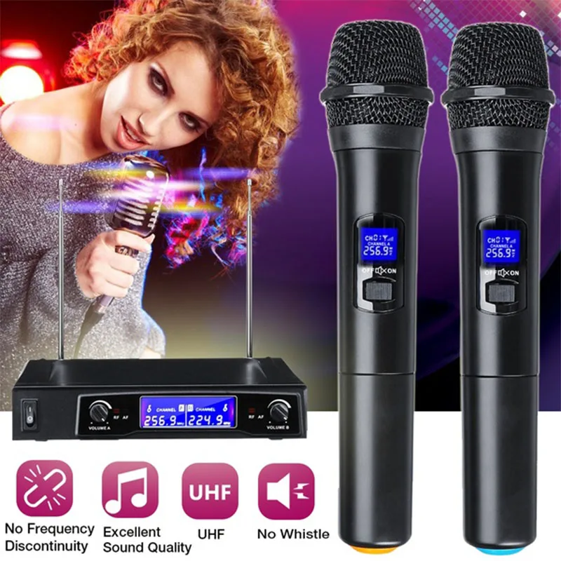 

110-220V Professional Karaoke Wireless Microphone Long Range Dual Metal 2 Channel Dual Handheld Handheld Mic Transmitter