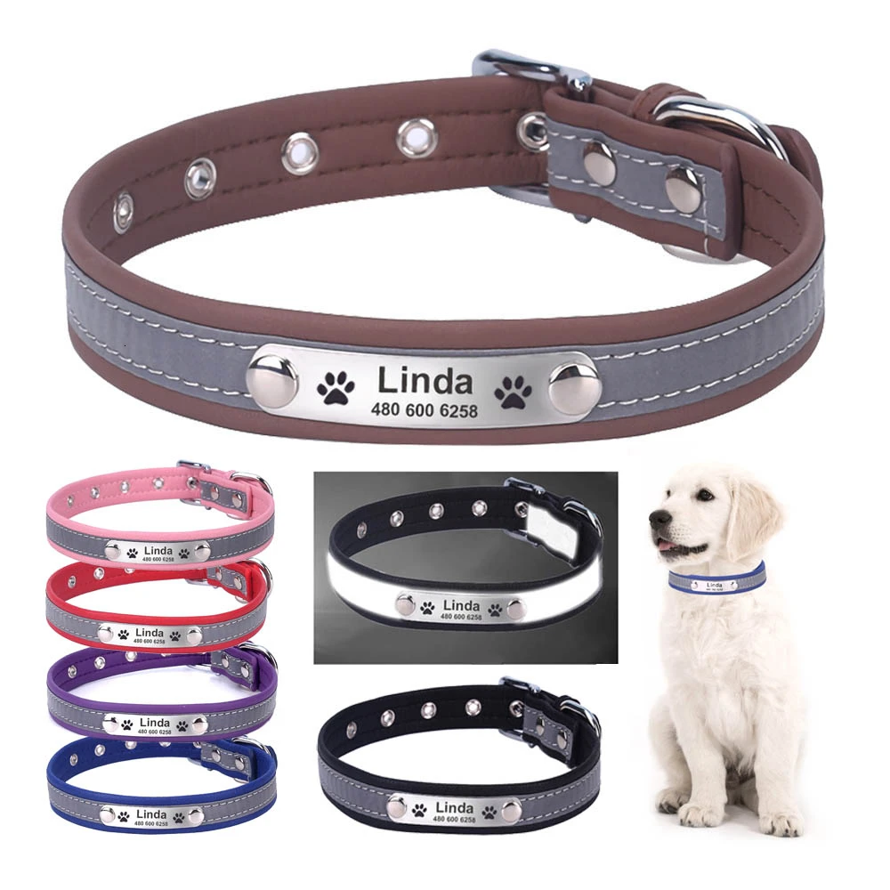 

XS-XXL Fiber Leather Personalized Engraved Dog Collar Reflective Custom Puppy Cat Pet Collars ID Tag For Small Medium Large Dog