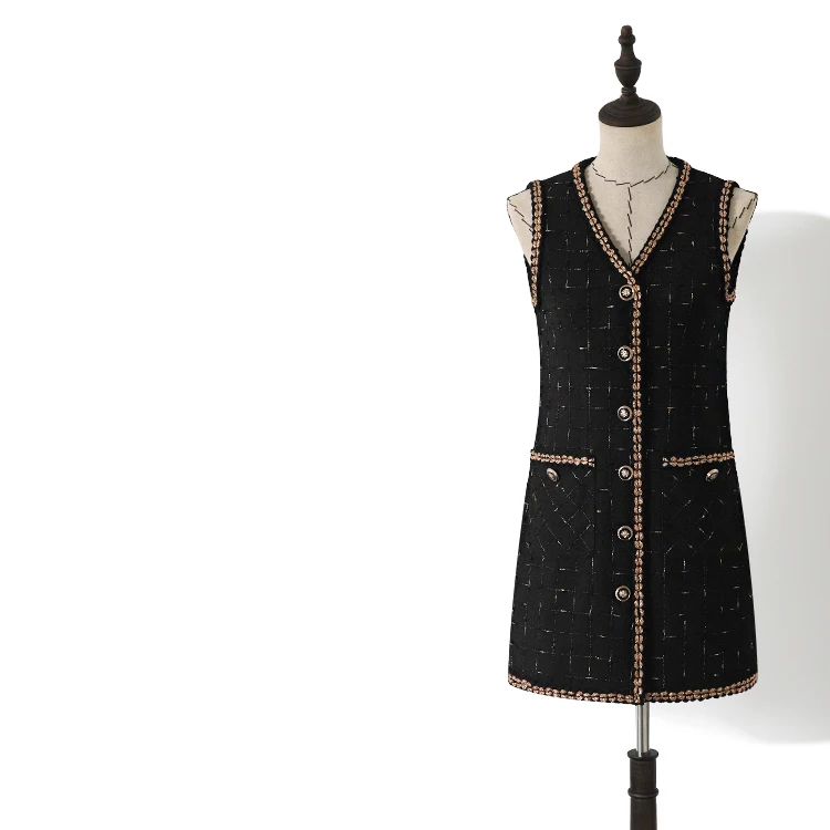 

New Super slim! Fashionable black gold Plaid spring and autumn winter small fragrant tweed long vest dress