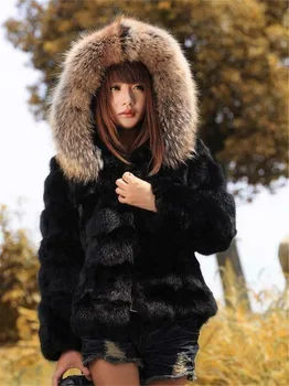 

Vintage Women Real Fur Coat Hooded Outwear Peacoat Furry Warm Winter Short Length Black Slim Fit