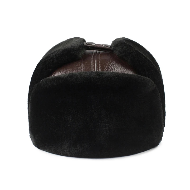 waterproof bomber hat Male Winter Warm Ear Protection Bomber Hat Man Genuine Leather Faux Fur Military Cap Inside Black Brown 55-60cm Flat Roof Caps sheepskin flying hat