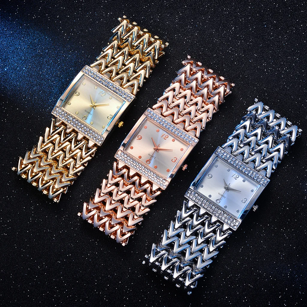 Women Square Rhinestone Watches Luxury Stainless Steel Waterproof Quartz Bracelet Wrist Watches Relogio Feminino