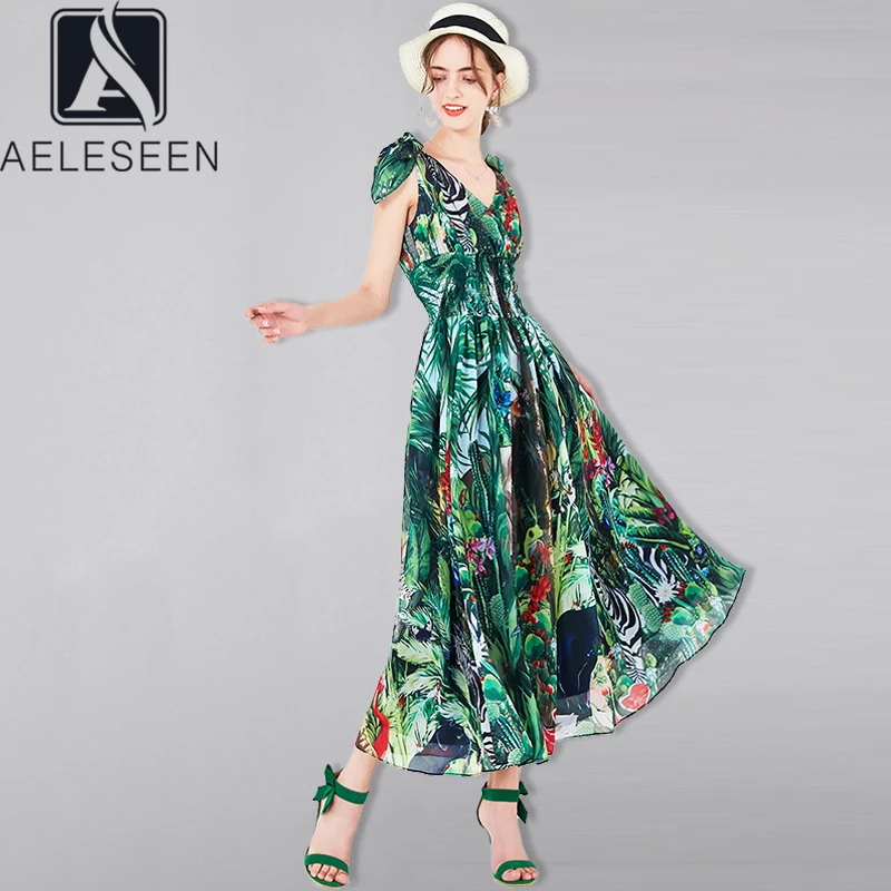 AELESEEN, богемное Платье с принтом,, лето, весна, новинка, модное женское платье без рукавов, v-образный вырез, зеленый лист, эластичная талия, Пляжное длинное платье
