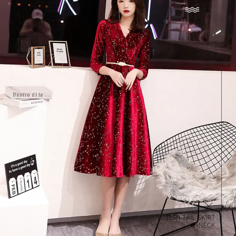 

Vestidos Celebrities Toast Bride Autumn And Winter Velvet Show Thin Evening Dress Wine Long Sleeve Wedding Back Door Femininity