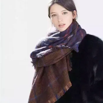 

Autumn and winter blue double-sided Plaid cashmere-like scarf in Europe and America with thicker fringed neck shawl