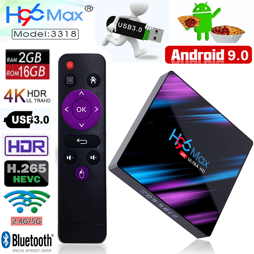 Smart tv box android tv Ip tv box H96 max 3318 2g 16g Android 9 box tv android box 2gb RK3318 четырехъядерный Google language assistant