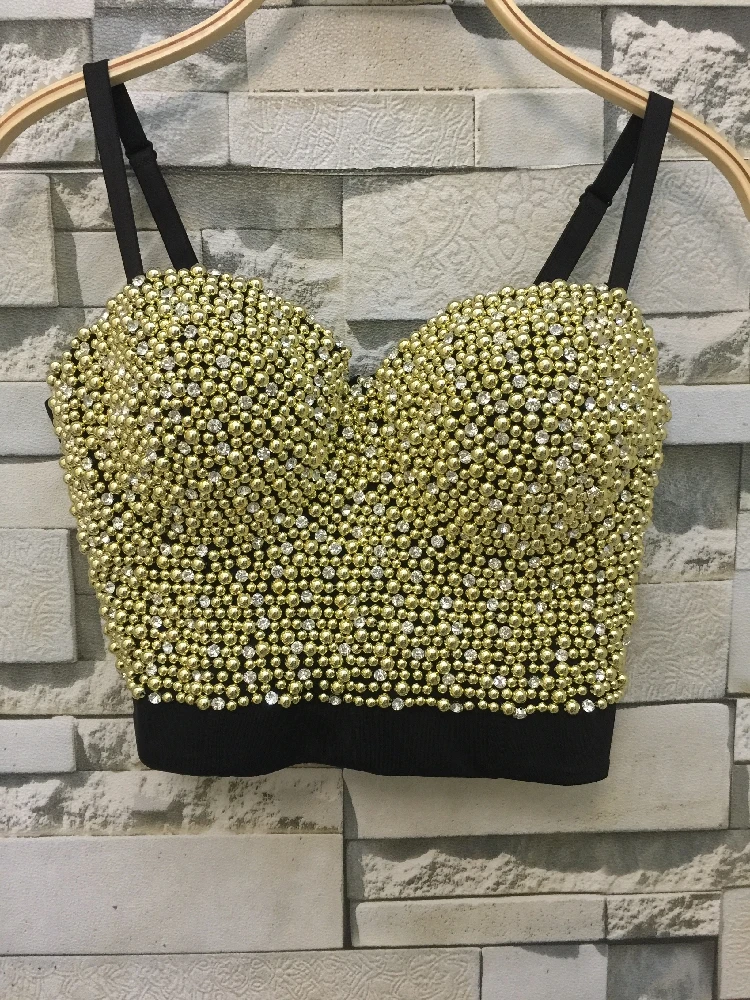 

P147 New Fashion Summer Sexy Gold Bead Pearls High-end Hand-made Push Up Bralette Women's Bustier Bra Cropped Top