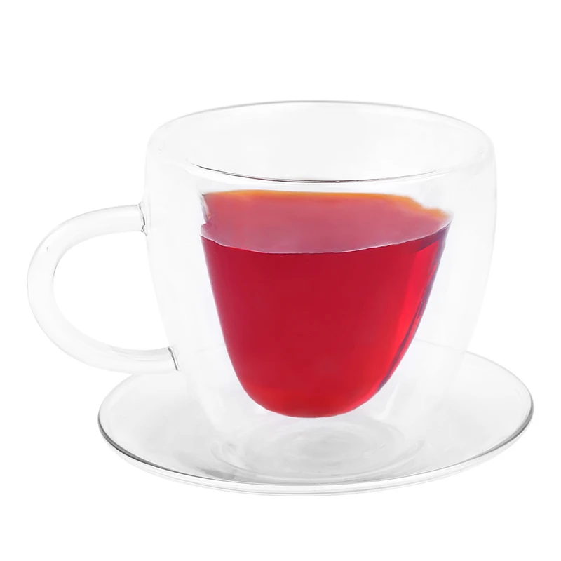 Double Wall Heart Coffee Cup With Saucer 240Ml Big Capacity Heat Resistant Glass Mug Restaurant Hotel Gift ePacket Free Shipping