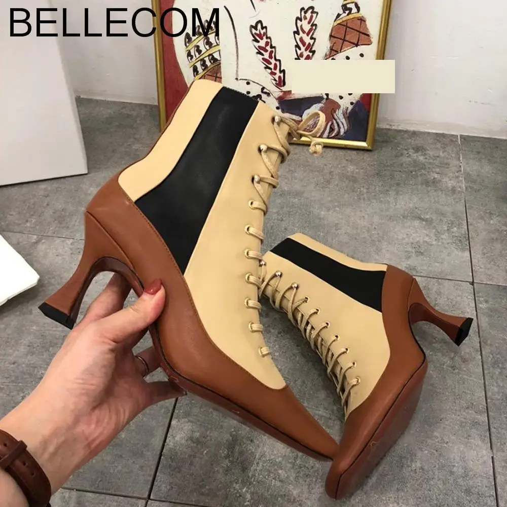 

BELLECOM Winter New Type Female Leather Belt Duck-billed Boots, High-heeled Smoking ankle high heel woman Boots for women
