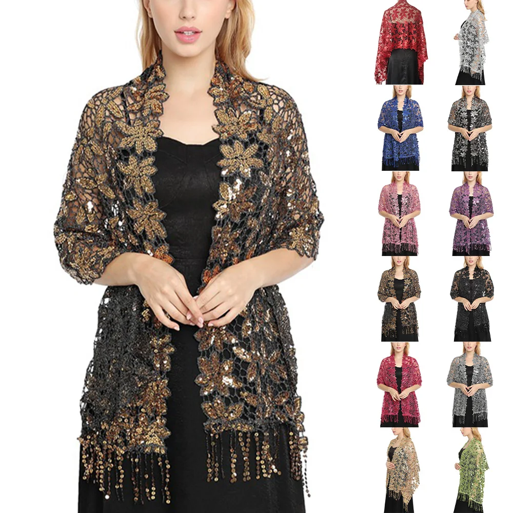 GIBZ Scialle Con Paillettes 1920's Da Donna Stole Vintage Con Glitter Coprispalle Corto Per La Festa Serale Di Nozze Nero 113238761