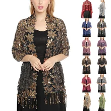 Bridal Wedding Hollow Sequin Lace Shawl Women Luxury Party Wrap Female Shiny Glitter Stole Singer Club Event Scarf with Tassel