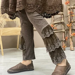 Fakuntn outono inverno algodão alta elástica multicamadas rendas bordado tricô leggings feminino menina leggings