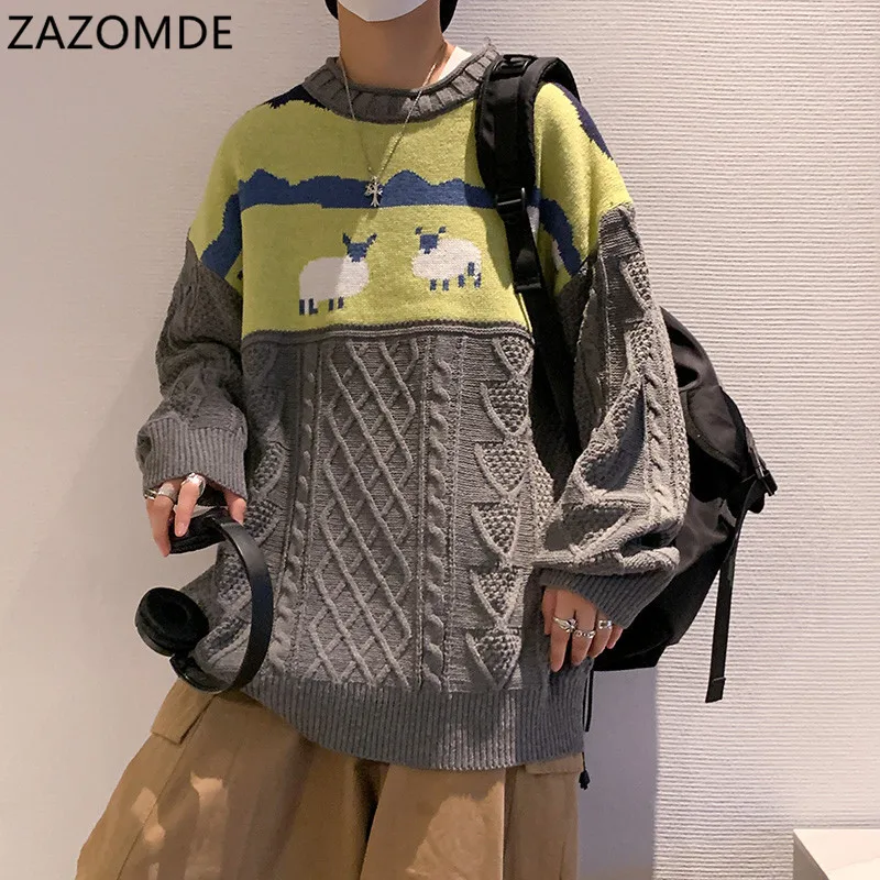 Tanio ZAZOMDE 2022 Harajuku dzianinowe swetry Cartoon owce swetry mężczyźni