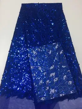 

Royal blue 2020 High Quality Hand made Lace Fabric Embroidered African French With Sequins Beaded Tulle Lace Fabric for Wedding