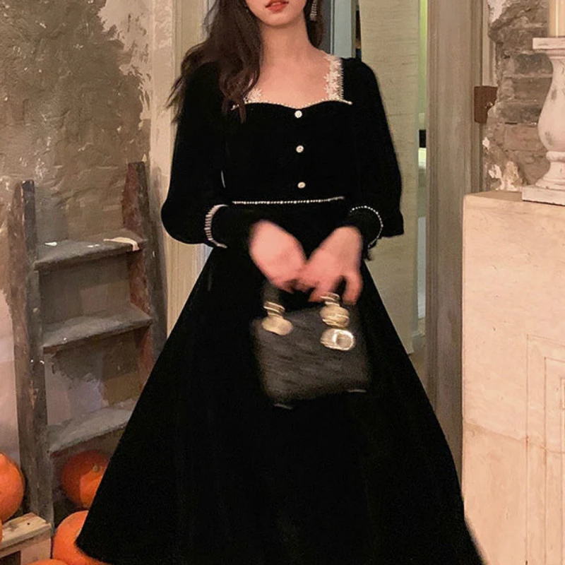 Winter Vintage Black Velvet Dress Women Casual Elegant Long Sleeve Gothic Party Midi Dress Female 21 One Piece Dress Korean Dresses Aliexpress