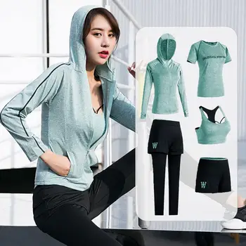 

High waist pants+hooded coat+t shirt+bra+short women yoga 5 pieces set outdoor running quick dry fitness gym clothing sports set
