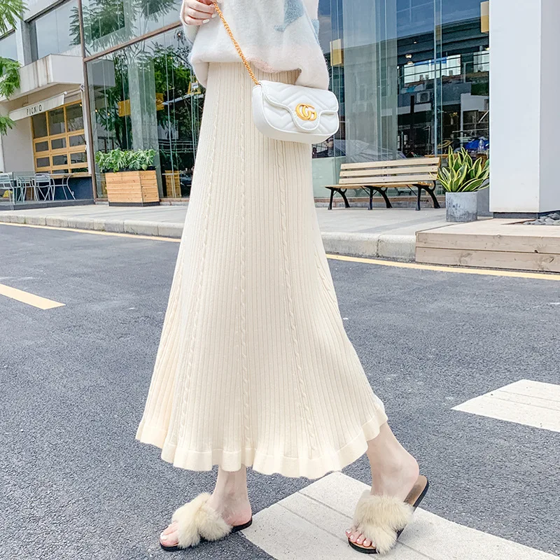 

2019 Autumn And Winter Slimming Skirt Black Fungus Flounced Medium-length A- line Skirt Korean Fan Children Elegant Knitted Dres