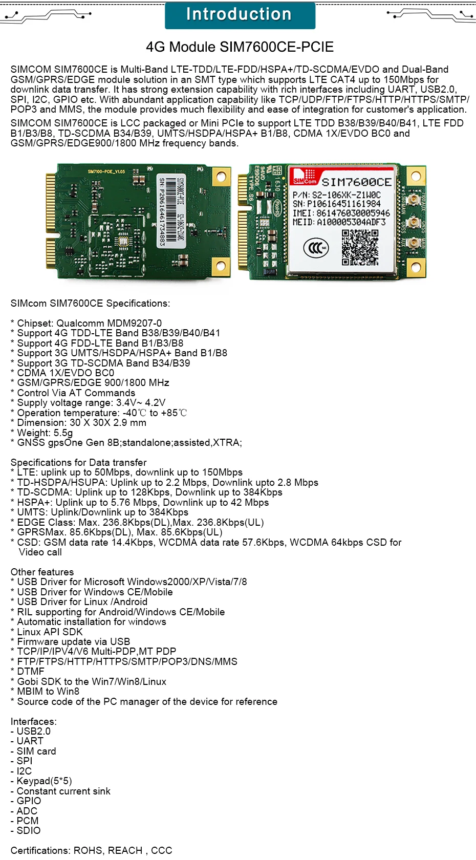 Для Hongkong TDD-LTE SIM7600CE-PCIE, 4g mini pci модуль SIM7600CE PCIE