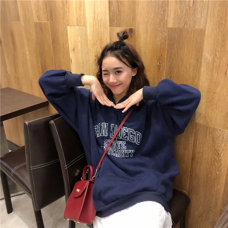 

Hoodies Women Hooded Warm Thicker Plus Velvet Letter Printed Loose Long Sleeve Womens Hoodie Korean Style Harajuku Chic Leisure