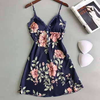 

Women Sexy Lace Mini Night Dress 2019 Sleeveless Strap Lingerie Smooth Sleepwears Lady Floral Print Dresses Nightgown Nightwear