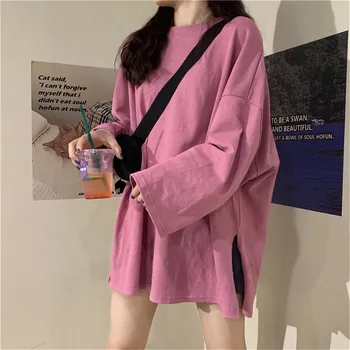 

Pure Color Simple Wild Hem Split Fork Round Neck Long Sleeve Loose T-shirt 2020 New Spring Summer Large Size T Shirt NS1885