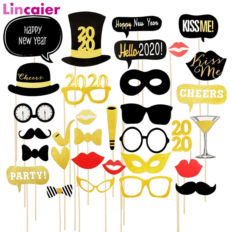 

32pcs Happy New Year Photo Booth Props Happy New Year 2020 Eve Party Decor Christmas Decorations For Home Supplies