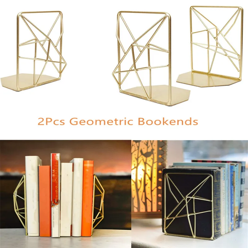 2pcs Geometric Bookends With Matte Finish Decorative Iron Book Stoppers