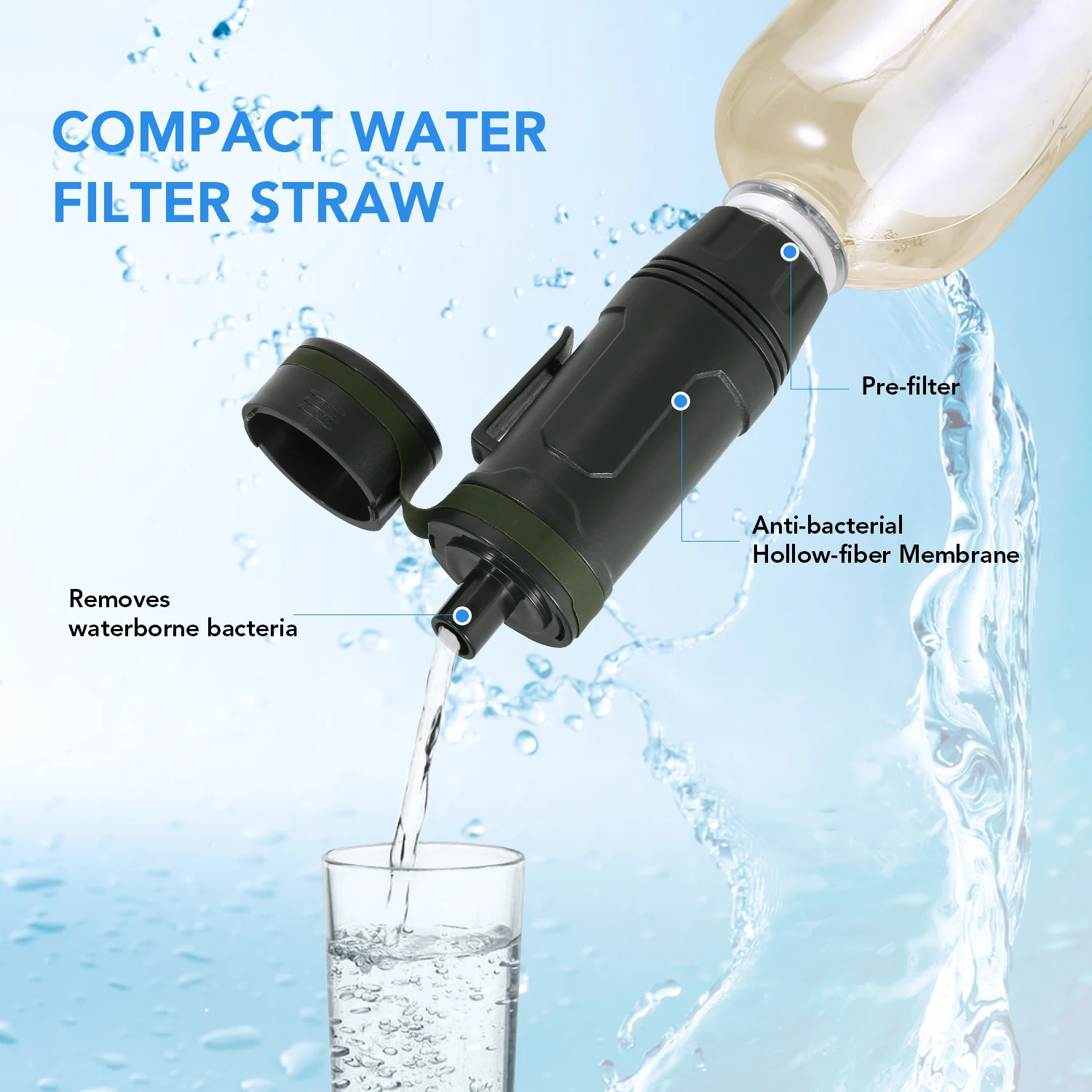 2000L Portable Water Filter Straw Water Filtration System with Mirror