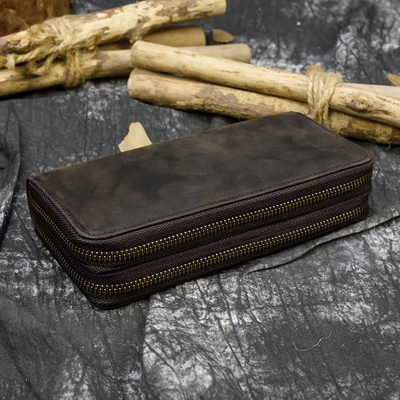 Retro Crazy Horse Leather Purse for Men Clutch Purse Double Zipper 24 Cards Clutches Vintage Woman Genuine Leather Long Wallet 4