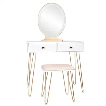 

Bedroom Iron Dressing Table Simple Dressing Table Golden Iron Foot White Desktop With Light Three-Color Adjustable