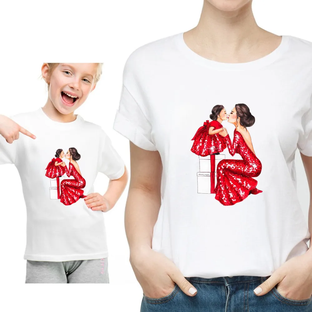 Забавные летние Семейные комплекты; Kawaii; белая футболка; Одинаковая одежда для мамы и дочки; семейная футболка - Цвет: QZ0035-5