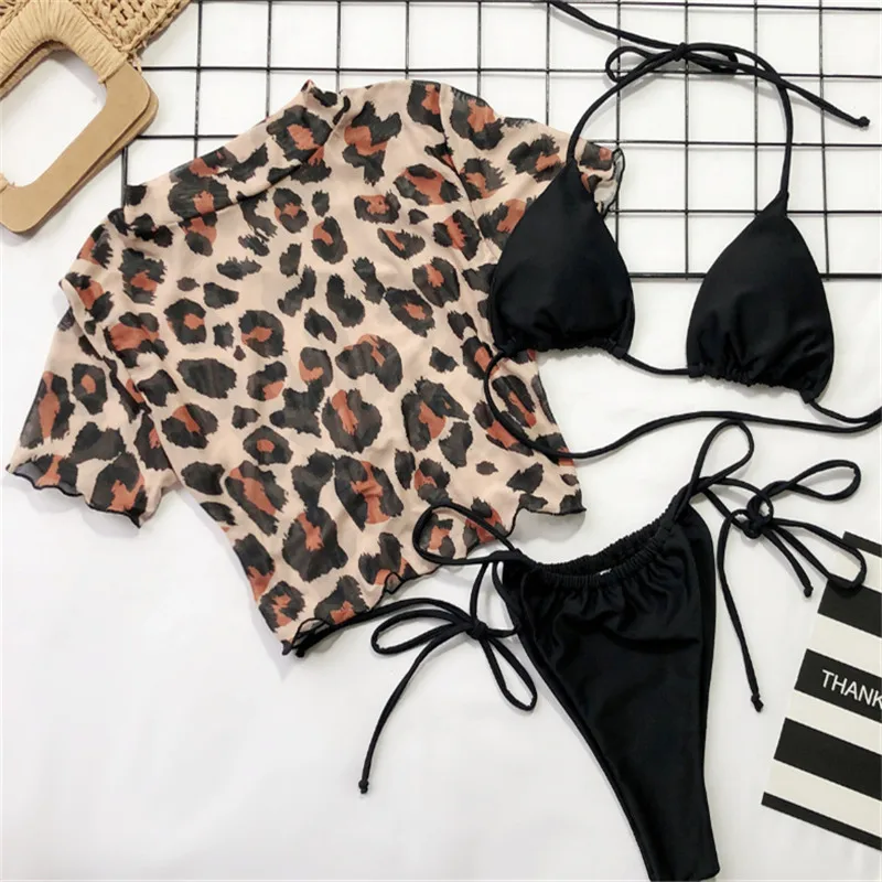 Leopard GNIM HL стринги бикини Mujer три части Леопардовый принт, сексуальный женский купальник с оборками сетка бикини бразильский пляжный купальник - Цвет: Leopard