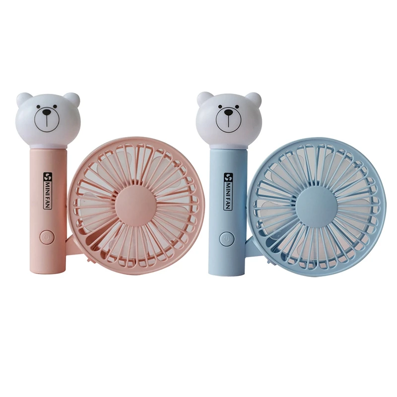 

2Pcs Portable Handheld Fan Summer Home Small Fan Cute Cartoon Bear Usb Charging Fan Study Table Lamp Fan - Pink & Blue