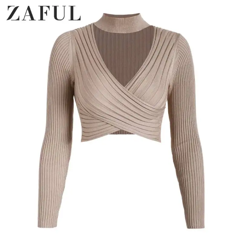 ZAFUL Womens Criss Cross Choker Cropped Pullover Sweater Turtleneck Deep V-Neck Cut Out Tops Long Sleeve short Solid | Женская одежда