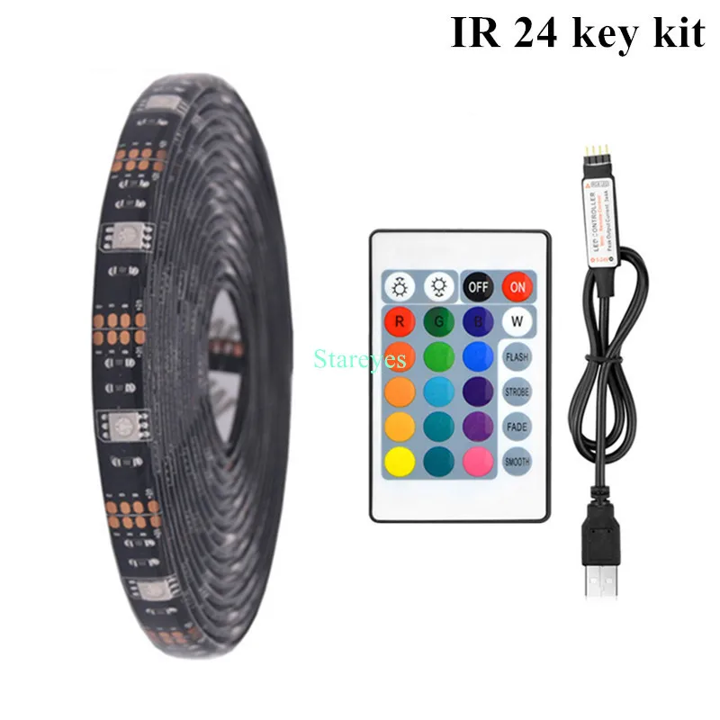 Black PCB IR24 Key SMD 5050 DC5V USB RGB Светодиодная лента 30 светодиодный/м светильник Гибкая IP20 IP65 водонепроницаемая лента 1 м 2 м 3 м 4 м 5 м Пульт дистанционного управления для ТВ фона - Испускаемый цвет: Black PCB IR24 Key