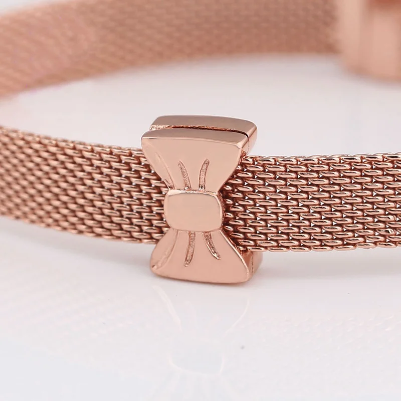 

100% 925 Sterling Silver Bead Rose Gold Flat Bow Reflexions Clip Fit Pandora Women Bracelet & Necklace Diy Jewelry